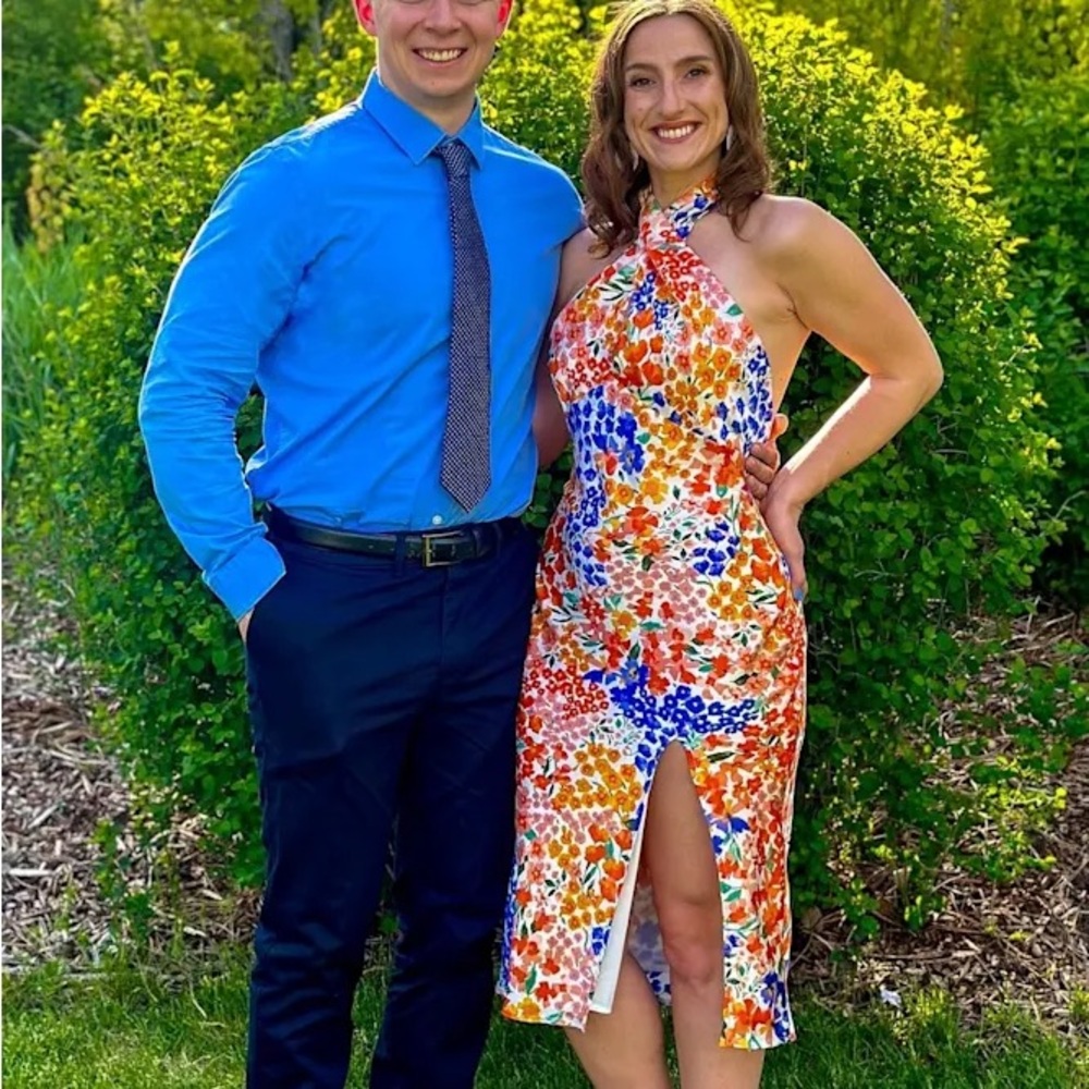 NWOT Lulus Bold Presence Orange Multi Floral Satin Halter Midi Dress - Picture 6 of 10